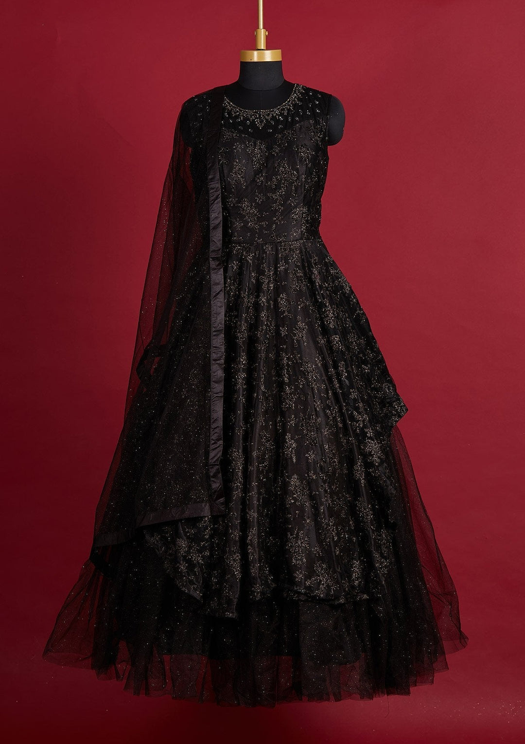 Black Glitter Net Designer Gown - Koskii