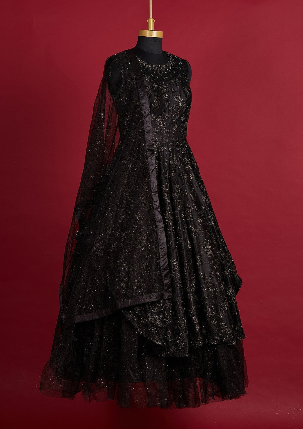 Black Glitter Net Designer Gown - Koskii