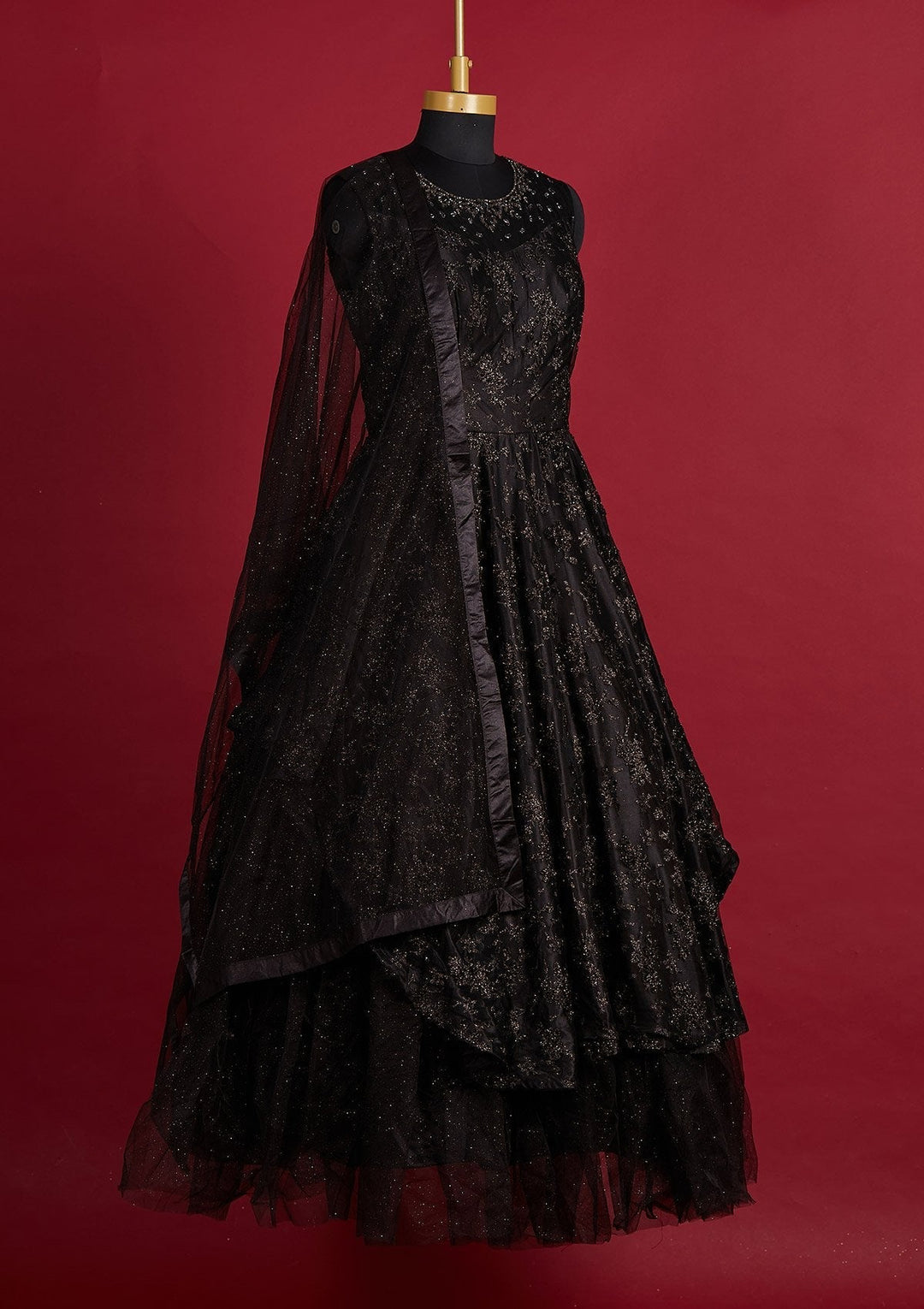 Black Glitter Net Designer Gown - Koskii
