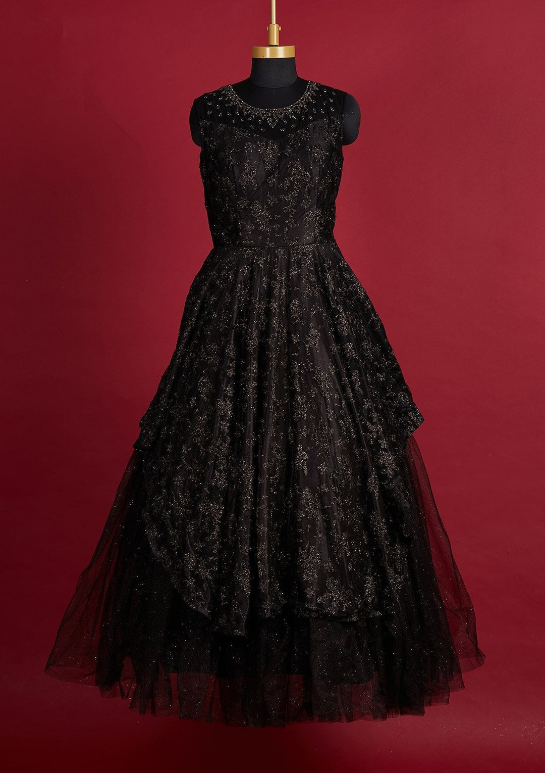 Black Glitter Net Designer Gown - Koskii