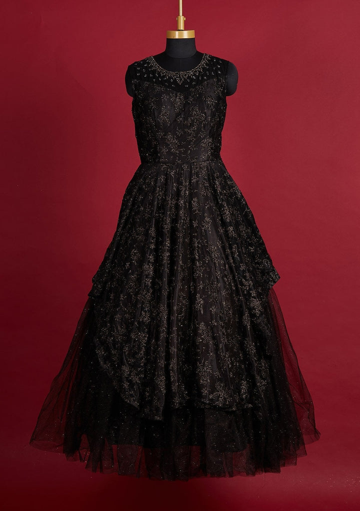 Black Glitter Net Designer Gown - Koskii