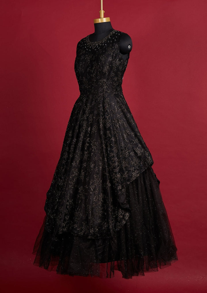 Black Glitter Net Designer Gown - Koskii