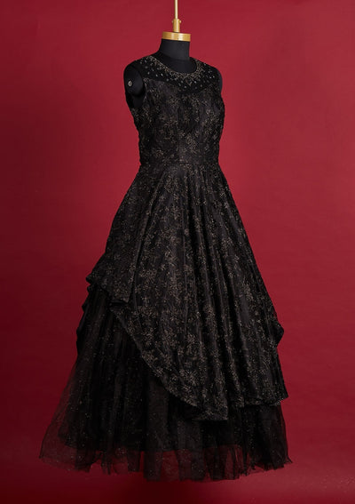 Black Glitter Net Designer Gown - Koskii