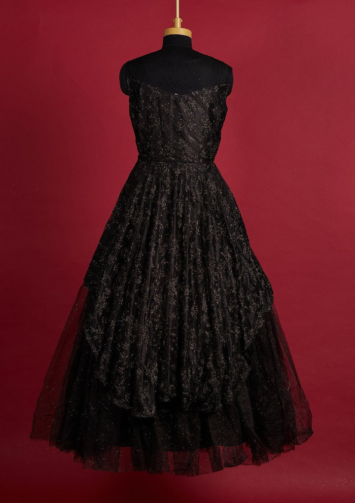 Black Glitter Net Designer Gown - Koskii