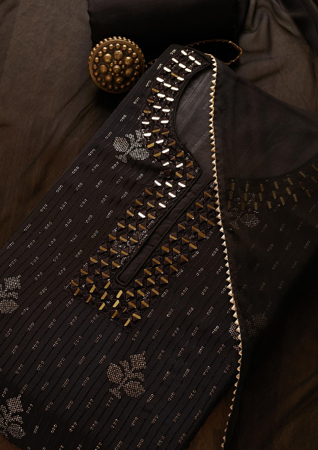 Black Mirrorwork Georgette Designer Semi-Stitched Salwar Suit - Koskii