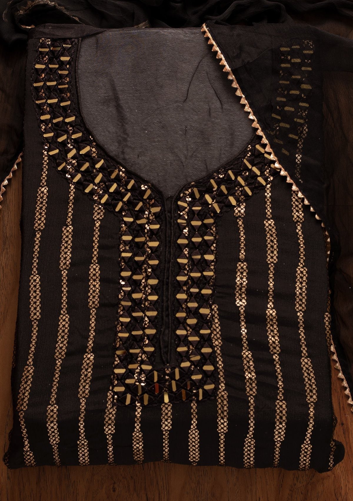 Black Mirrorwork Semi Crepe Designer Semi-Stitched Salwar Suit - koskii