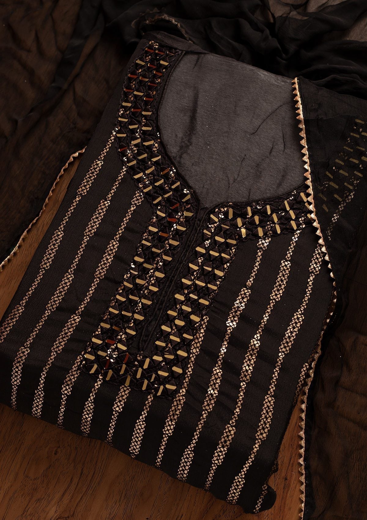 Black Mirrorwork Semi Crepe Designer Semi-Stitched Salwar Suit - koskii