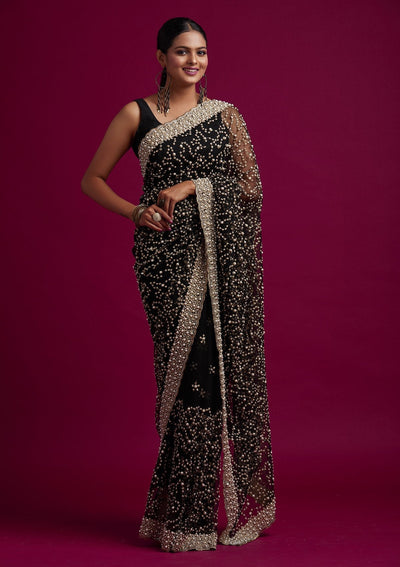 Black Pearlwork Net Designer Saree - koskii