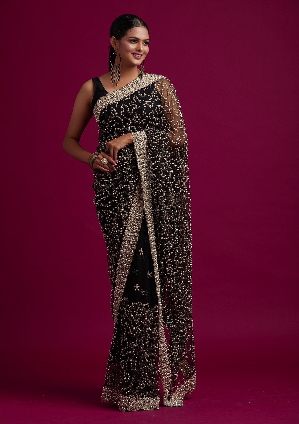 Black Pearlwork Net Designer Saree - koskii