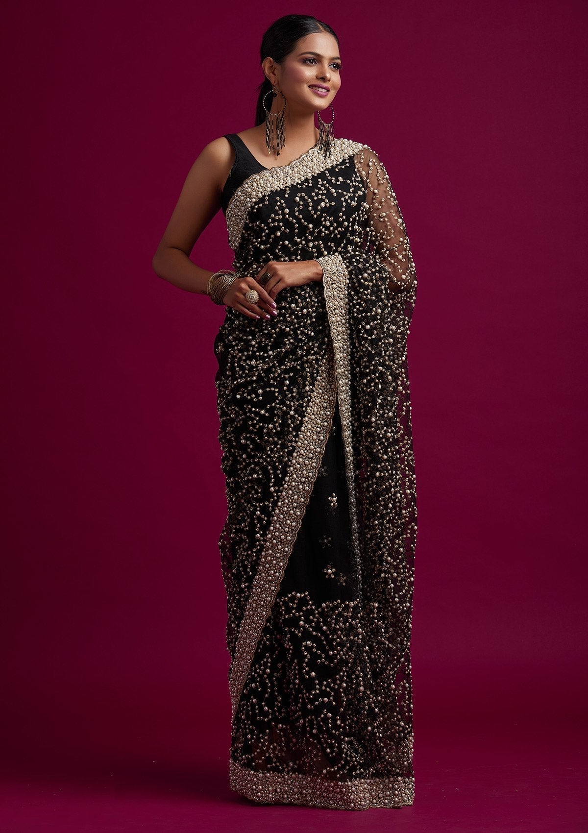 Black Pearlwork Net Designer Saree - koskii