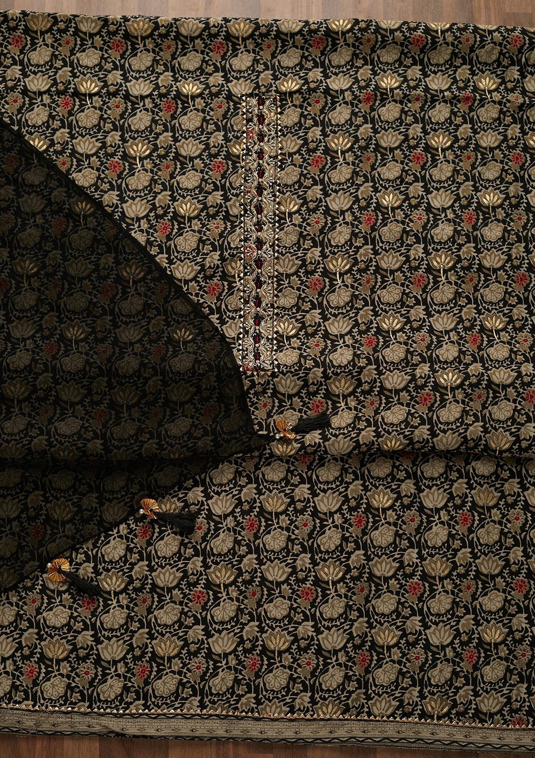 Black Print Cotton Unstitched Salwar Suit-Koskii