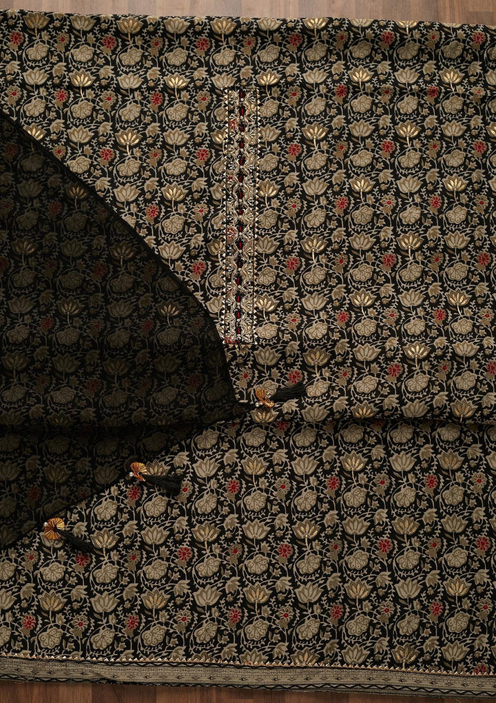 Black Print Cotton Unstitched Salwar Suit-Koskii