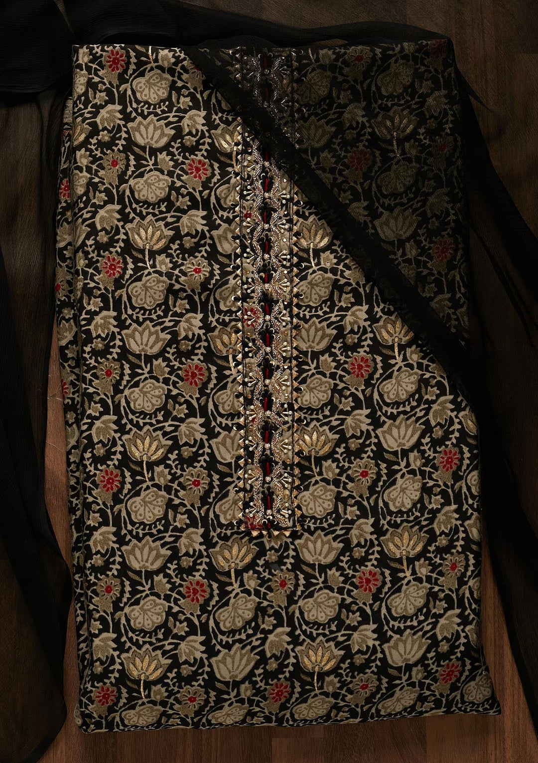 Black Print Cotton Unstitched Salwar Suit-Koskii