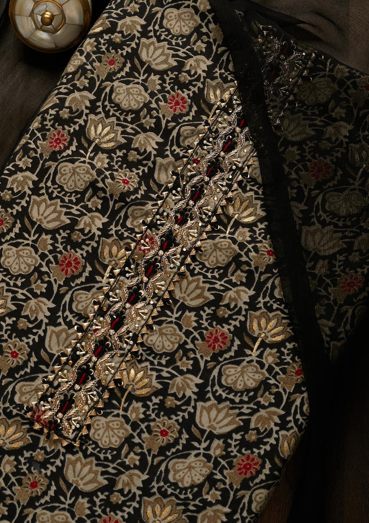 Black Print Cotton Unstitched Salwar Suit-Koskii