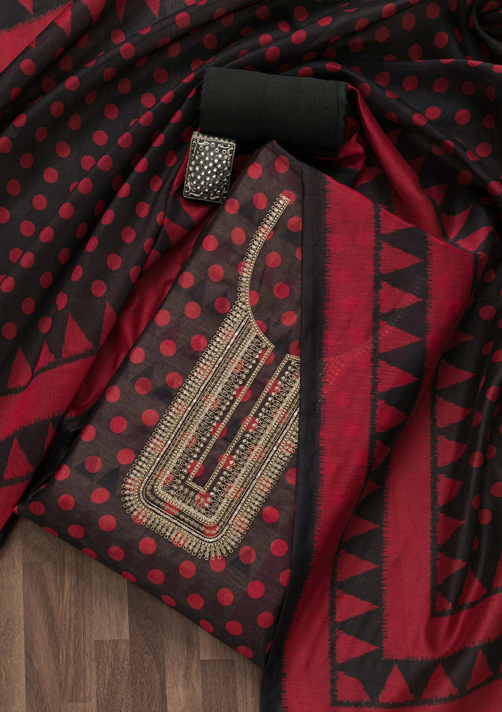 Black Printed Art Silk Semi-Stitched Salwar Suit-Koskii