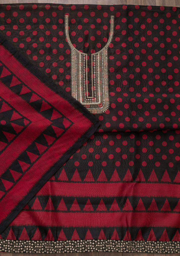 Black Printed Art Silk Semi-Stitched Salwar Suit-Koskii