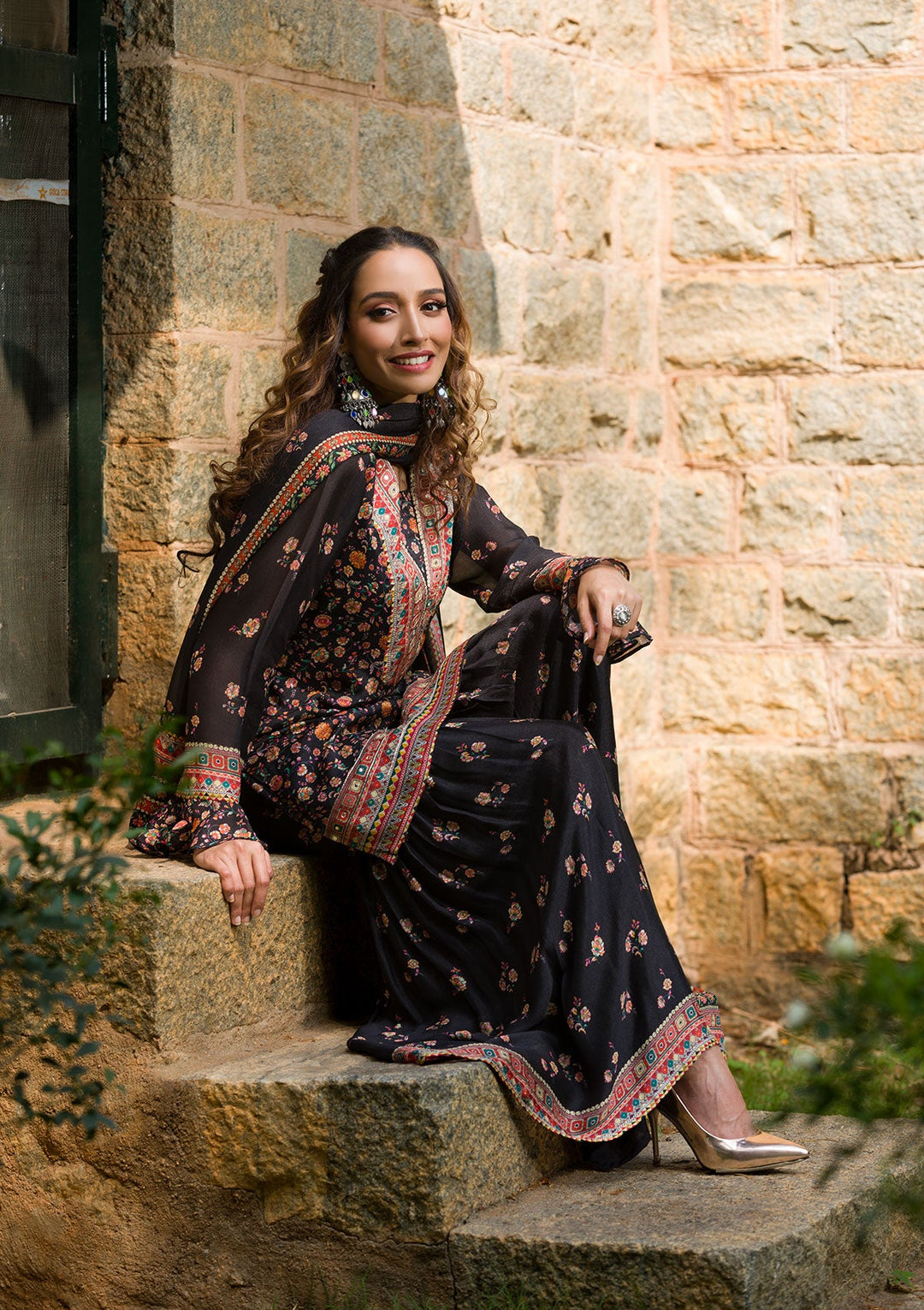 Black Printed Georgette Readymade Salwar Kameez-Koskii