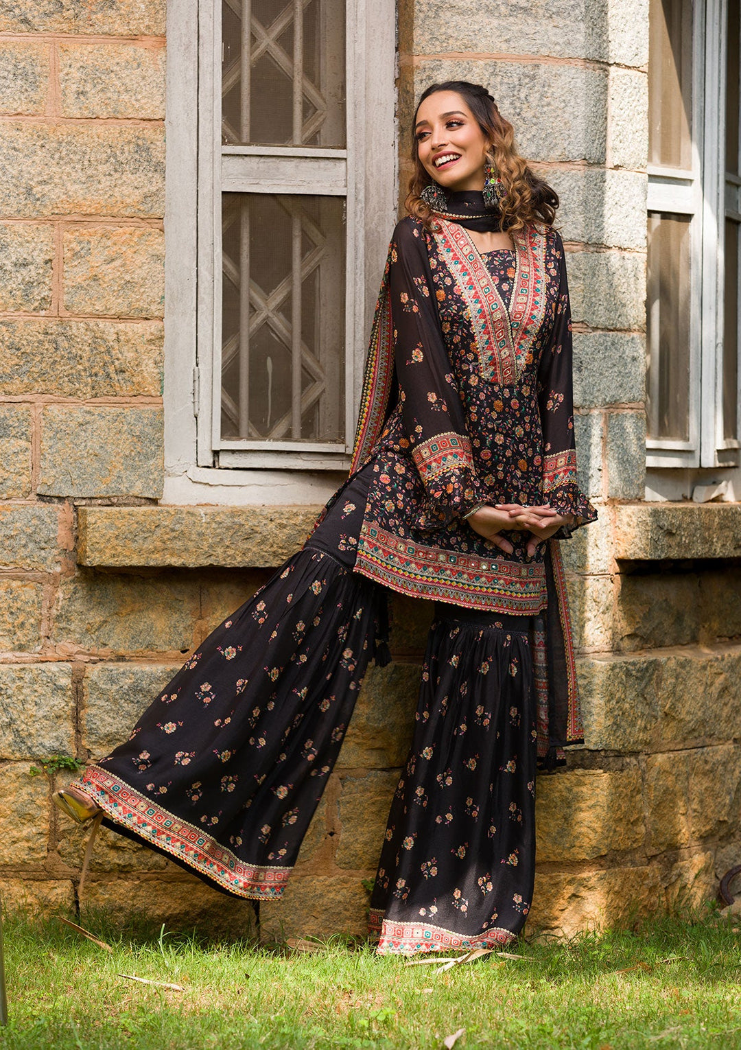 Black Printed Georgette Readymade Salwar Kameez-Koskii