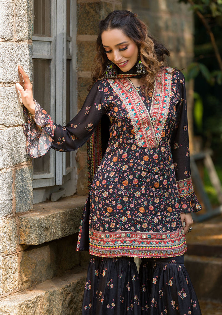 Black Printed Georgette Readymade Salwar Kameez-Koskii