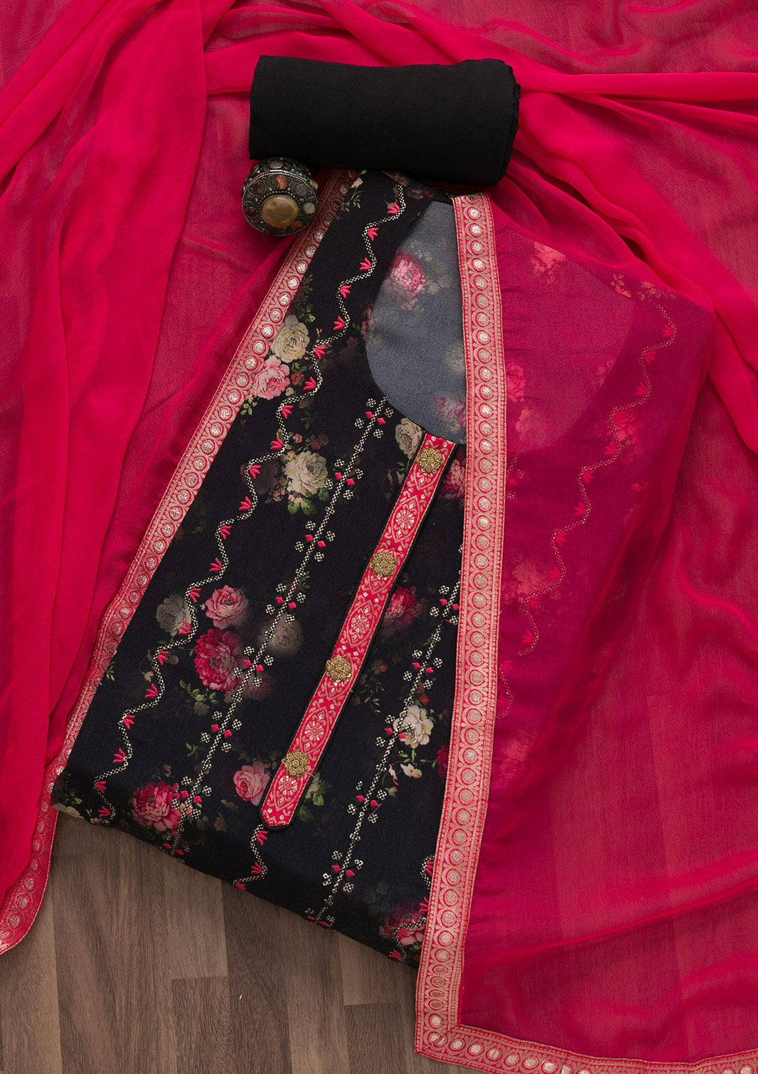 Black Printed Semi Crepe Semi-Stitched Salwar Suit-Koskii