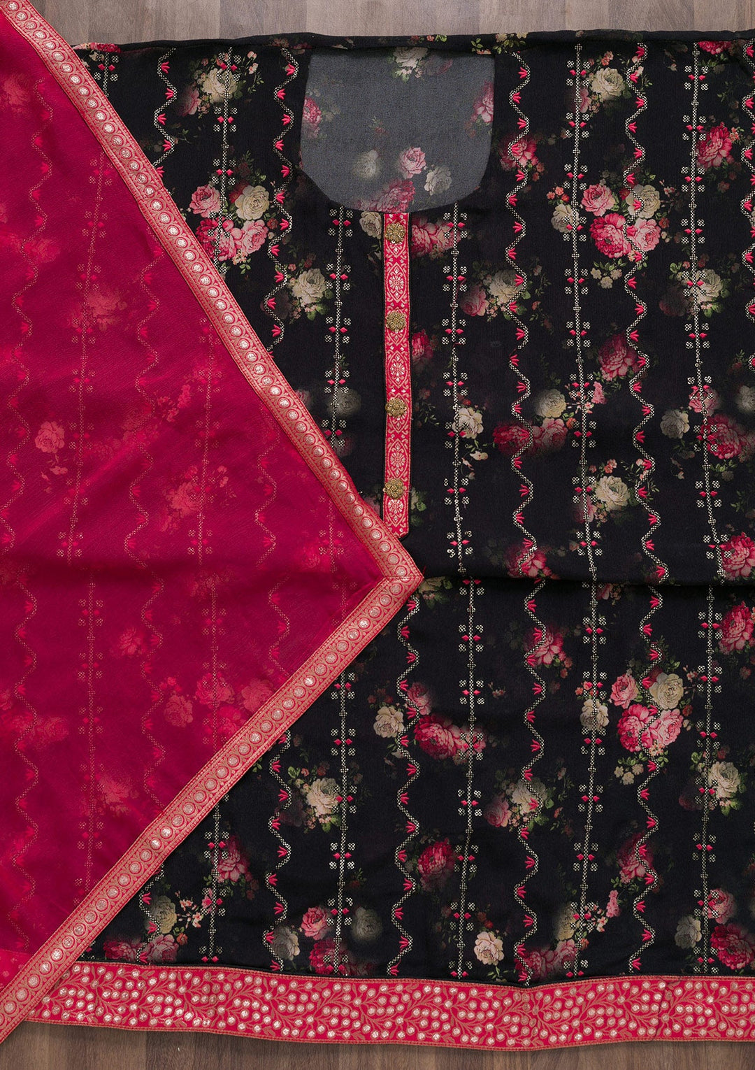 Black Printed Semi Crepe Semi-Stitched Salwar Suit-Koskii