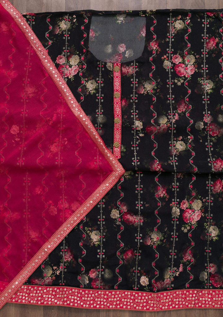 Black Printed Semi Crepe Semi-Stitched Salwar Suit-Koskii