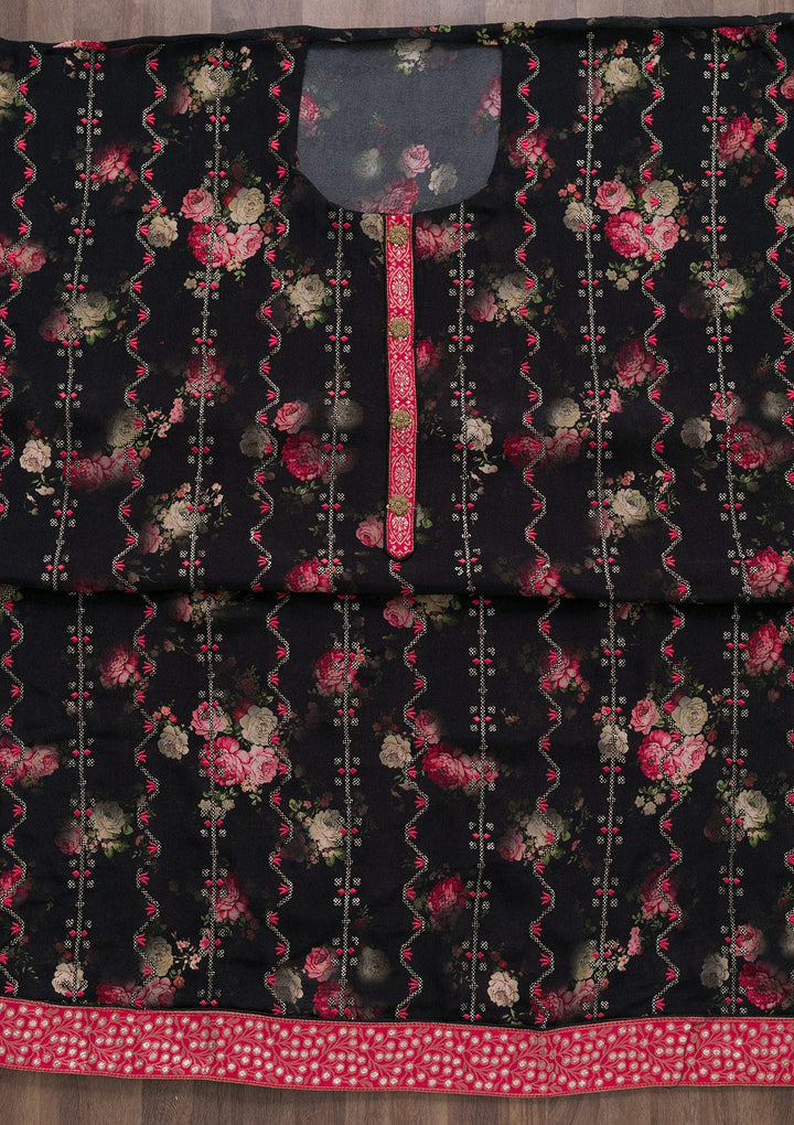 Black Printed Semi Crepe Semi-Stitched Salwar Suit-Koskii
