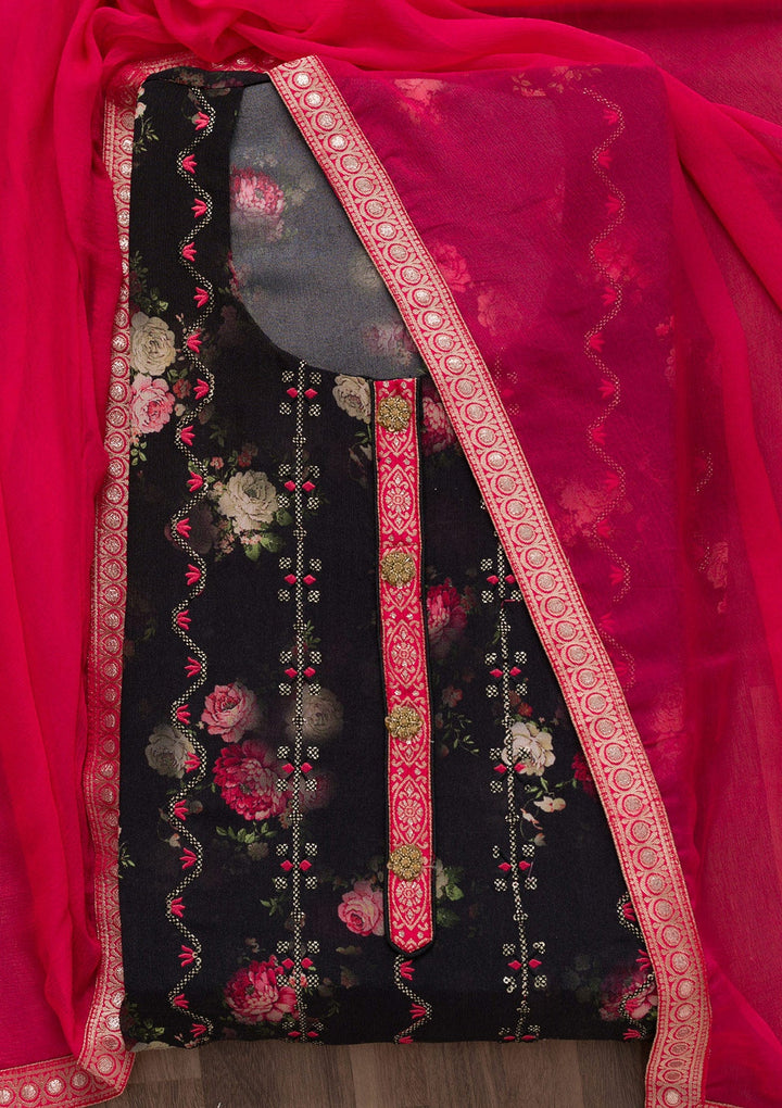 Black Printed Semi Crepe Semi-Stitched Salwar Suit-Koskii