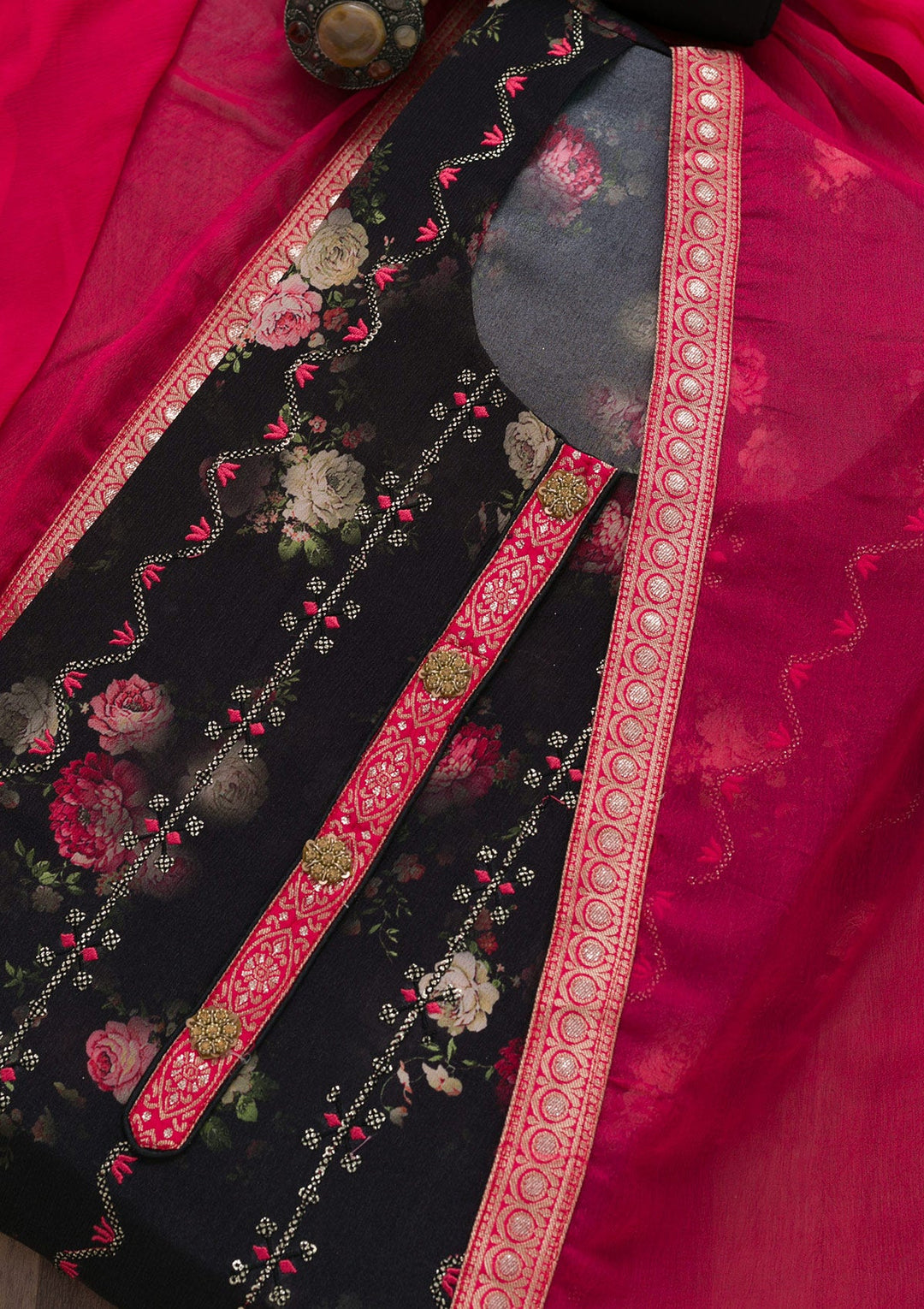 Black Printed Semi Crepe Semi-Stitched Salwar Suit-Koskii