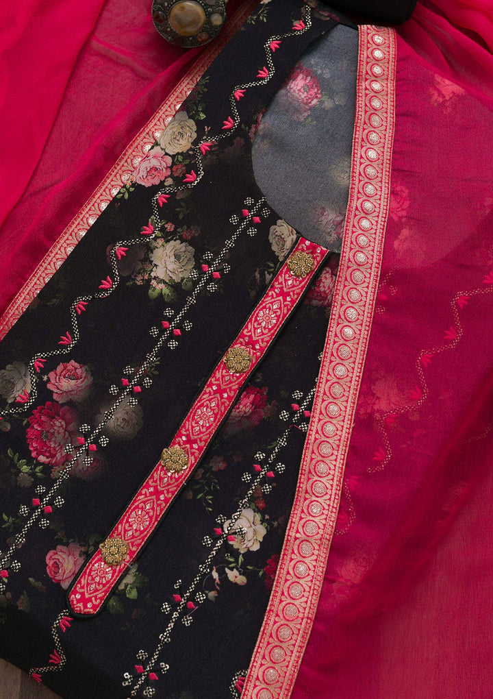 Black Printed Semi Crepe Semi-Stitched Salwar Suit-Koskii