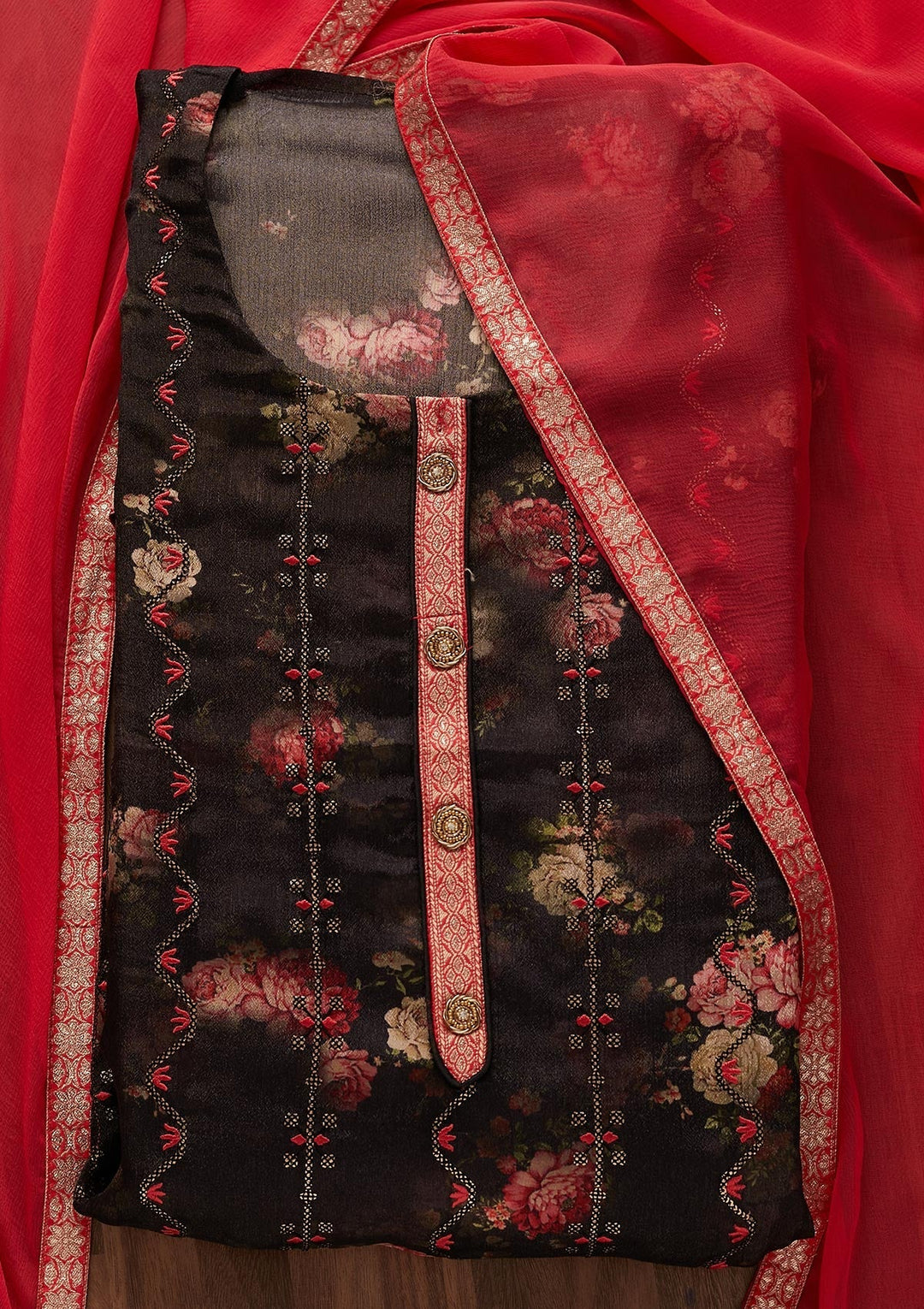 Black Sequins Chanderi Designer Unstitched Salwar Suit - Koskii