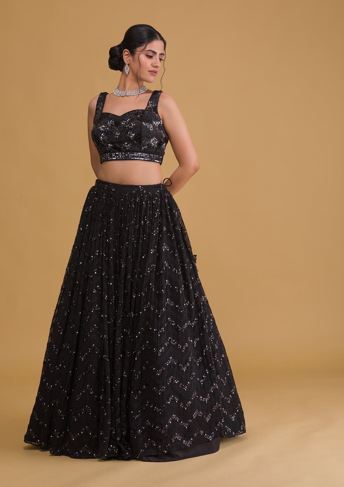 Black Sequins Georgette Readymade Lehenga-Koskii