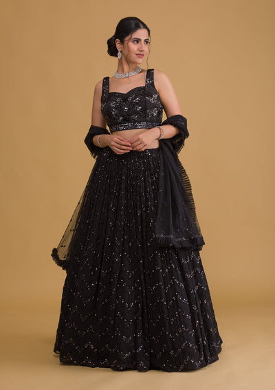 Black Sequins Georgette Readymade Lehenga-Koskii