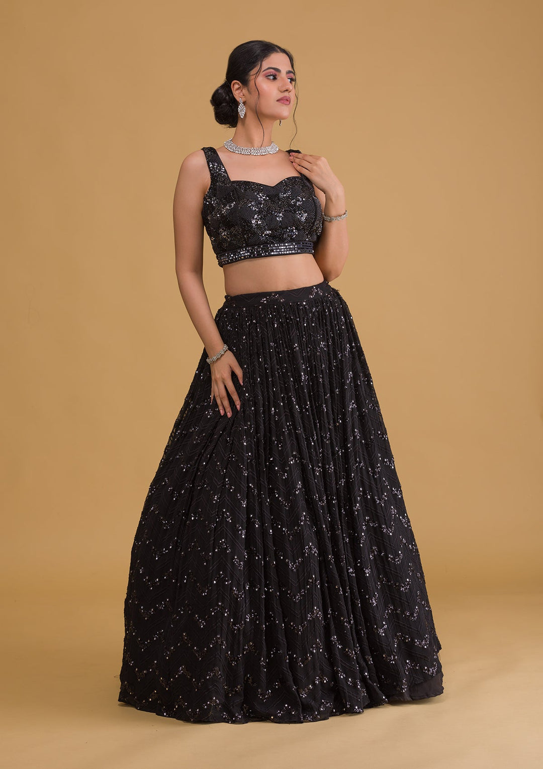 Black Sequins Georgette Readymade Lehenga-Koskii