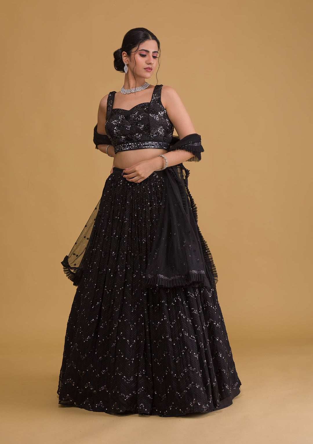 Black Sequins Georgette Readymade Lehenga-Koskii