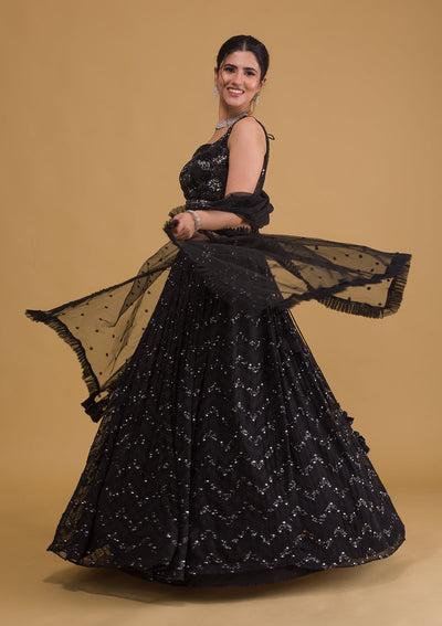 Black Sequins Georgette Readymade Lehenga-Koskii