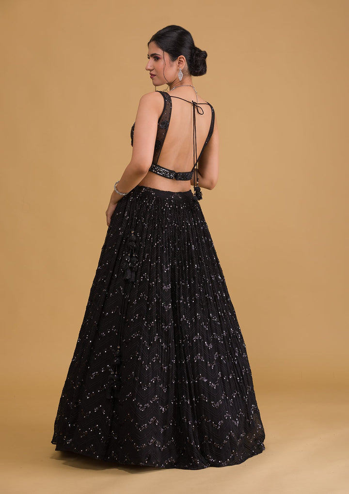 Black Sequins Georgette Readymade Lehenga-Koskii
