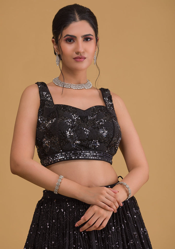 Black Sequins Georgette Readymade Lehenga-Koskii