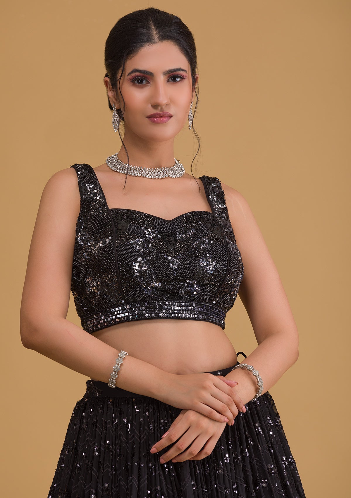 Black Sequins Georgette Readymade Lehenga-Koskii