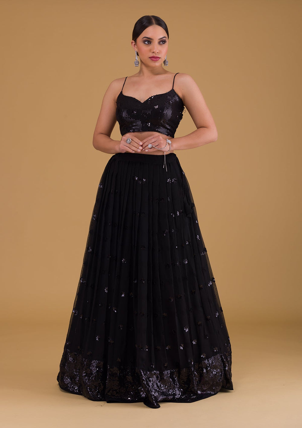 Black Sequins Georgette Designer Lehenga-Koskii