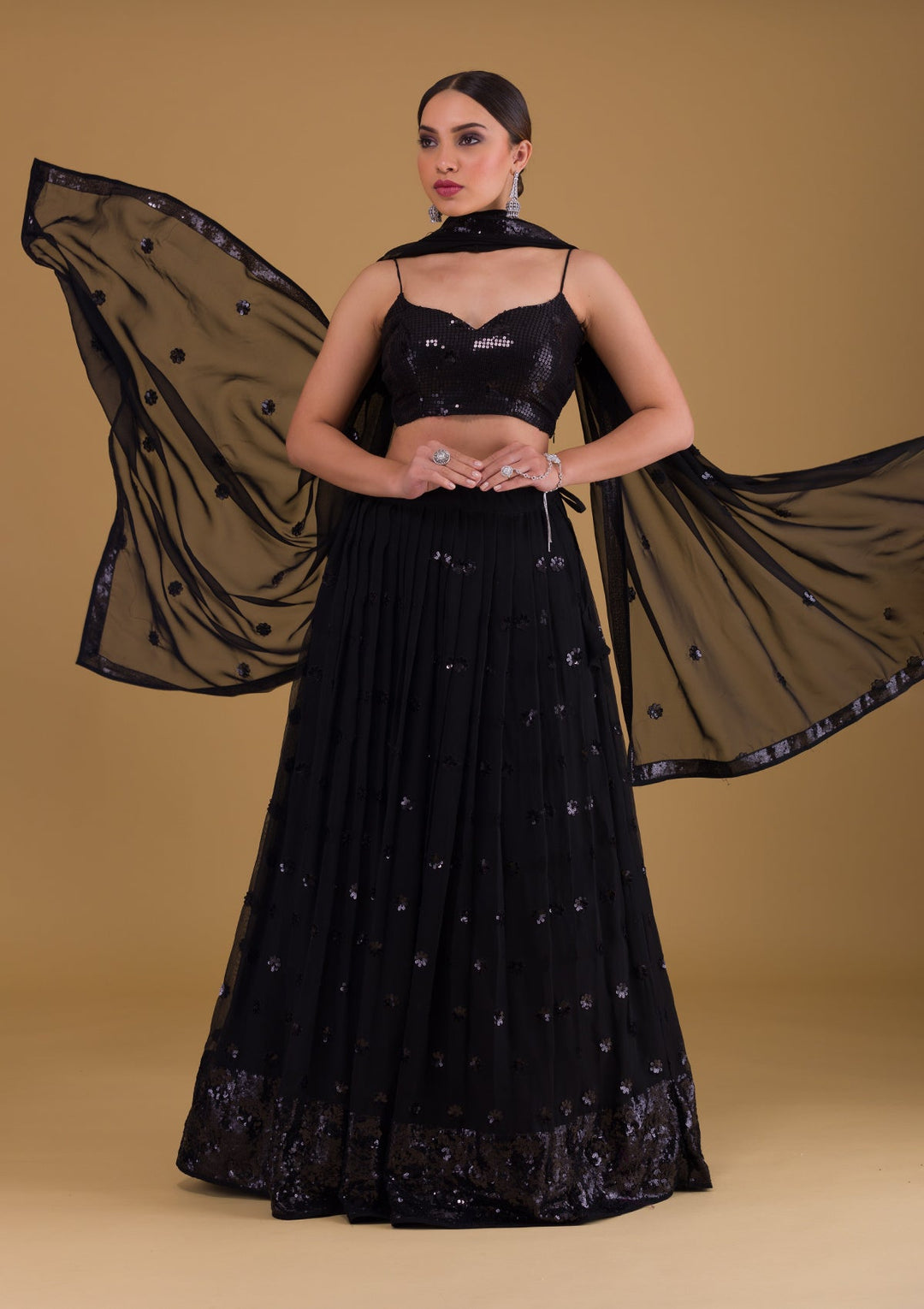 Black Sequins Georgette Designer Lehenga-Koskii