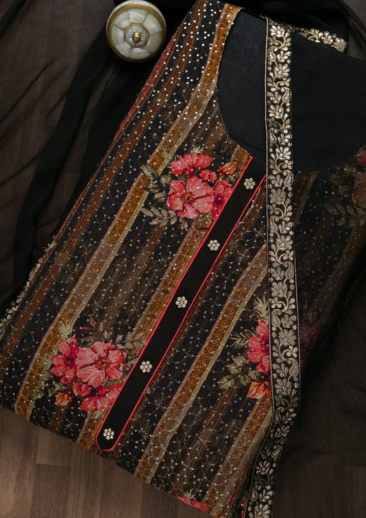 Black Sequins Georgette Unstitched Salwar Suit-Koskii