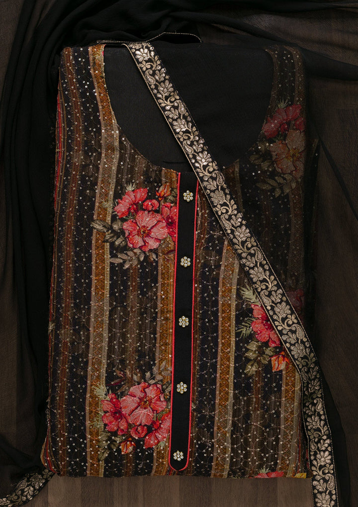 Black Sequins Georgette Unstitched Salwar Suit-Koskii