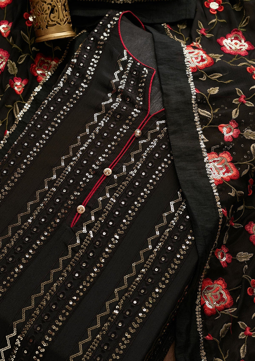 Black Sequins Georgette Designer Semi-Stitched Salwar Suit - Koskii
