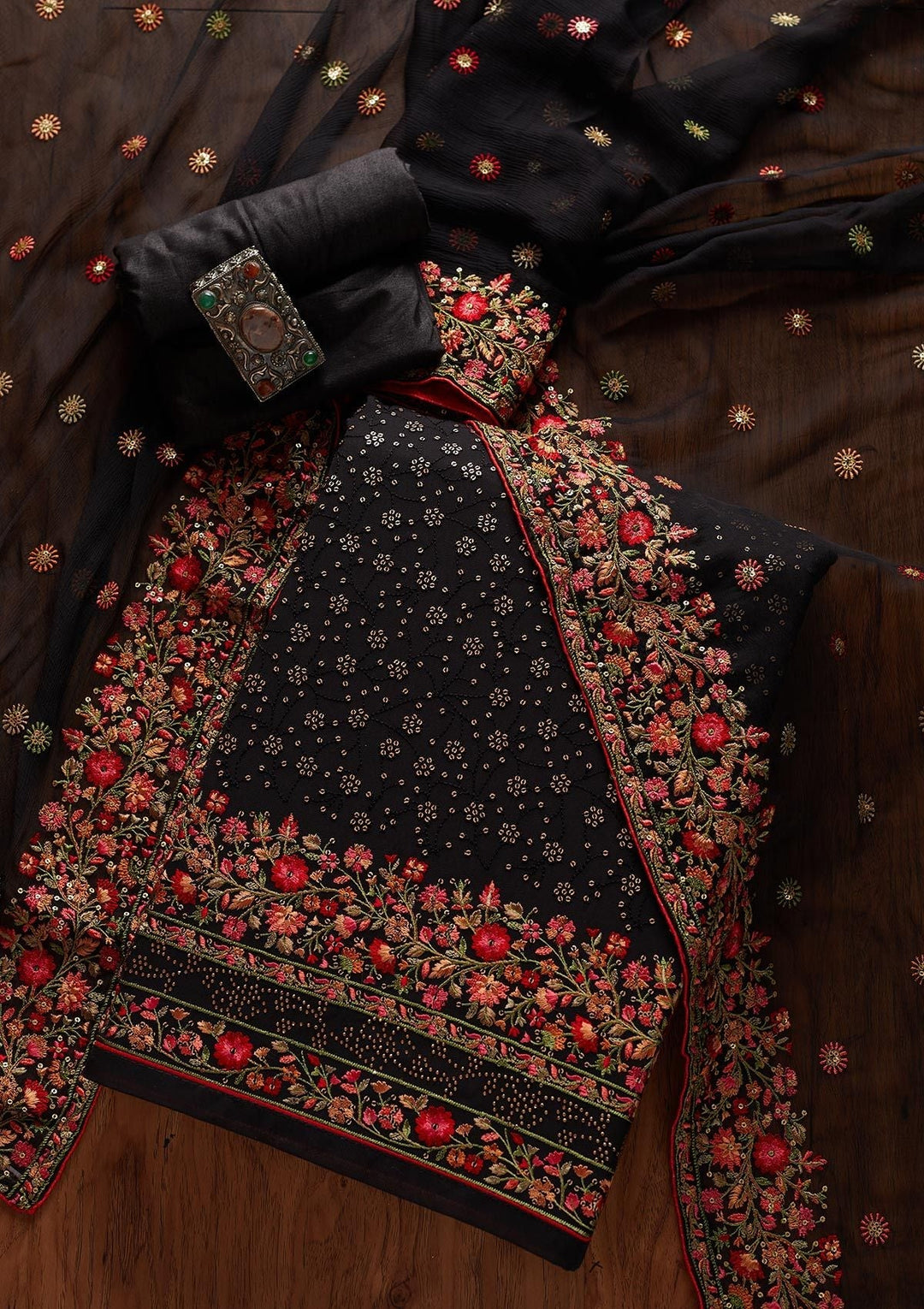 Black Sequins Georgette Designer Unstitched Salwar Suit - koskii
