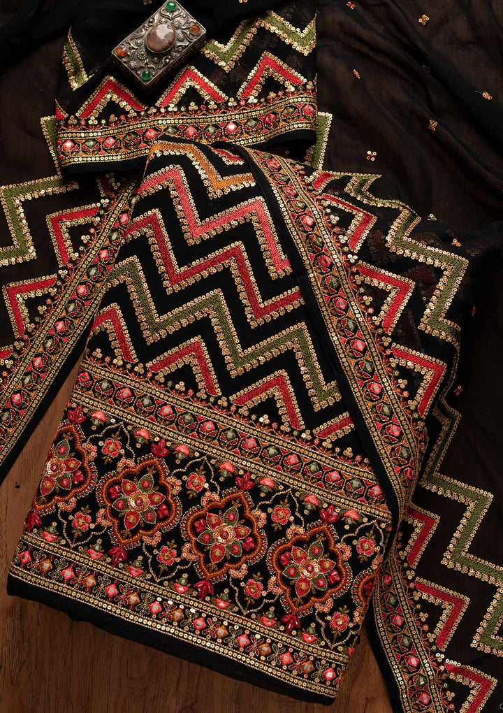 Black Sequins Georgette Designer Unstitched Salwar Suit - koskii