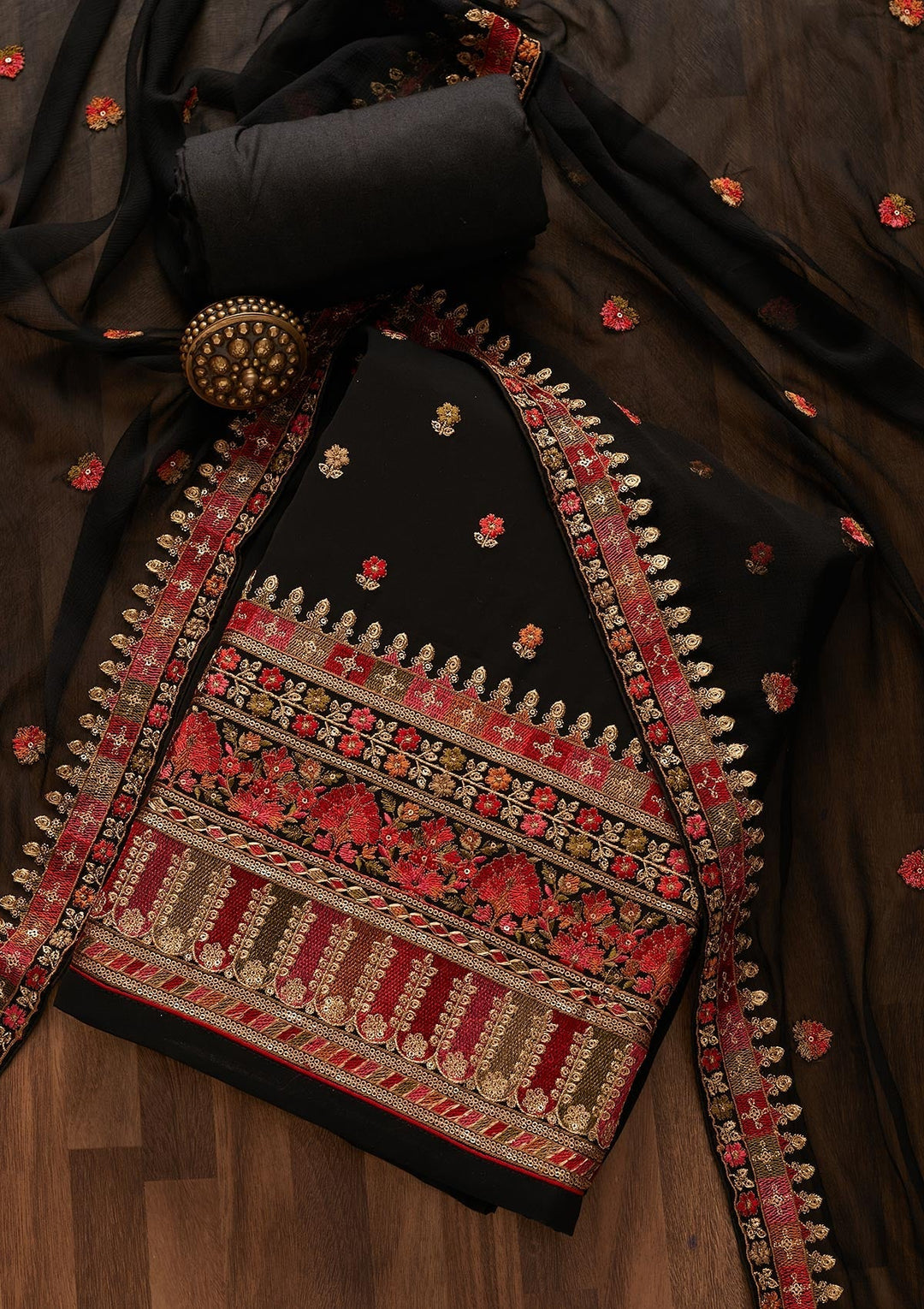 Black Sequins Georgette Designer Unstitched Salwar Suit - Koskii