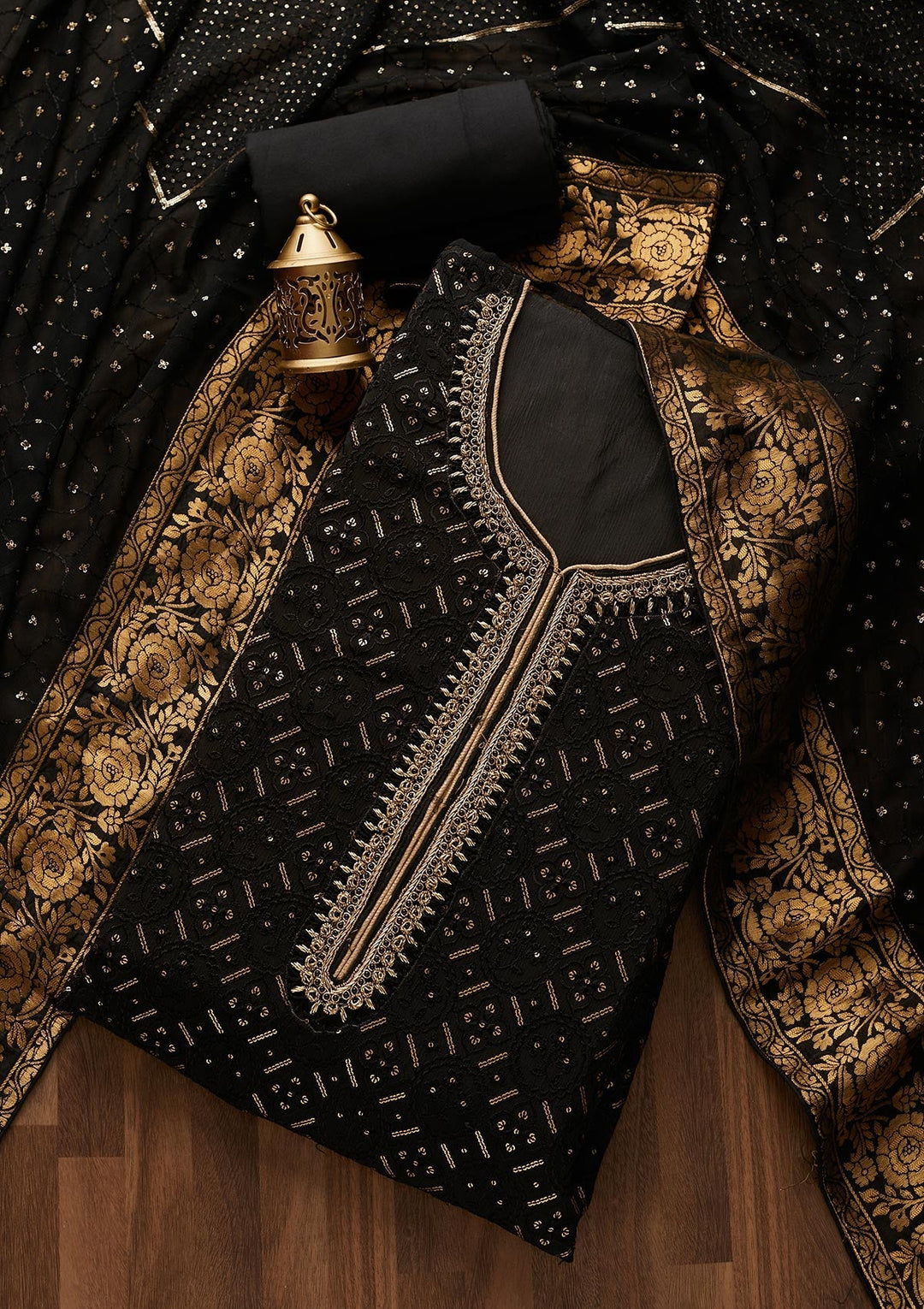 Black Sequins Georgette Designer Unstitched Salwar Suit - Koskii