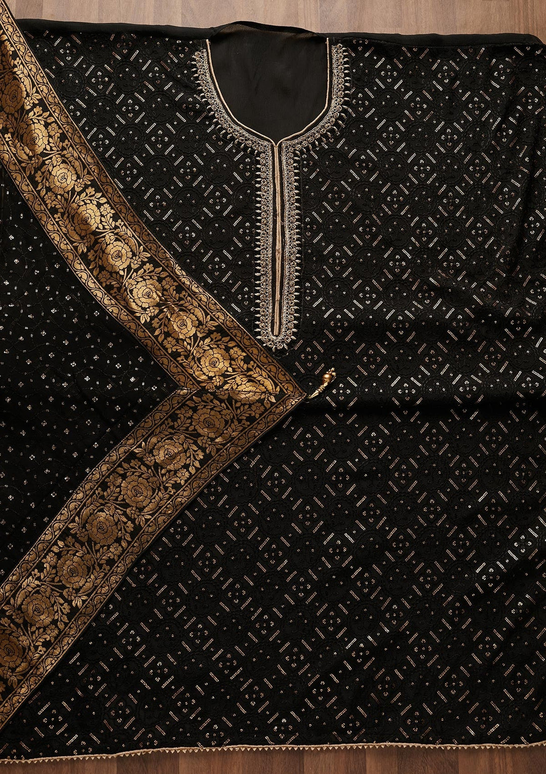 Black Sequins Georgette Designer Unstitched Salwar Suit - Koskii