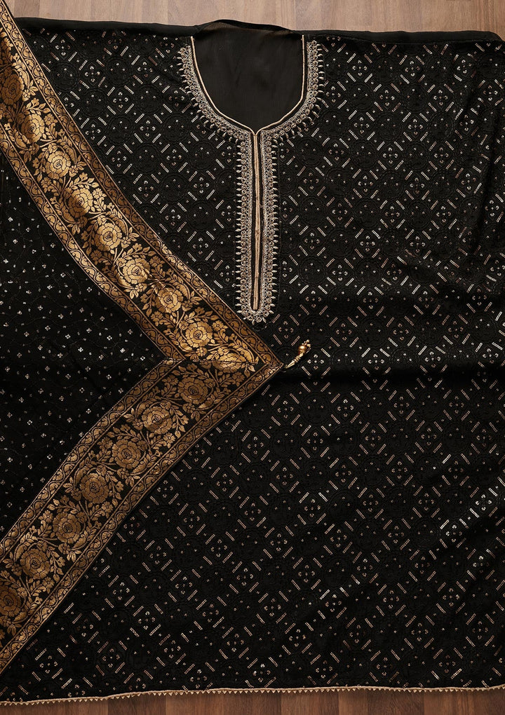 Black Sequins Georgette Designer Unstitched Salwar Suit - Koskii